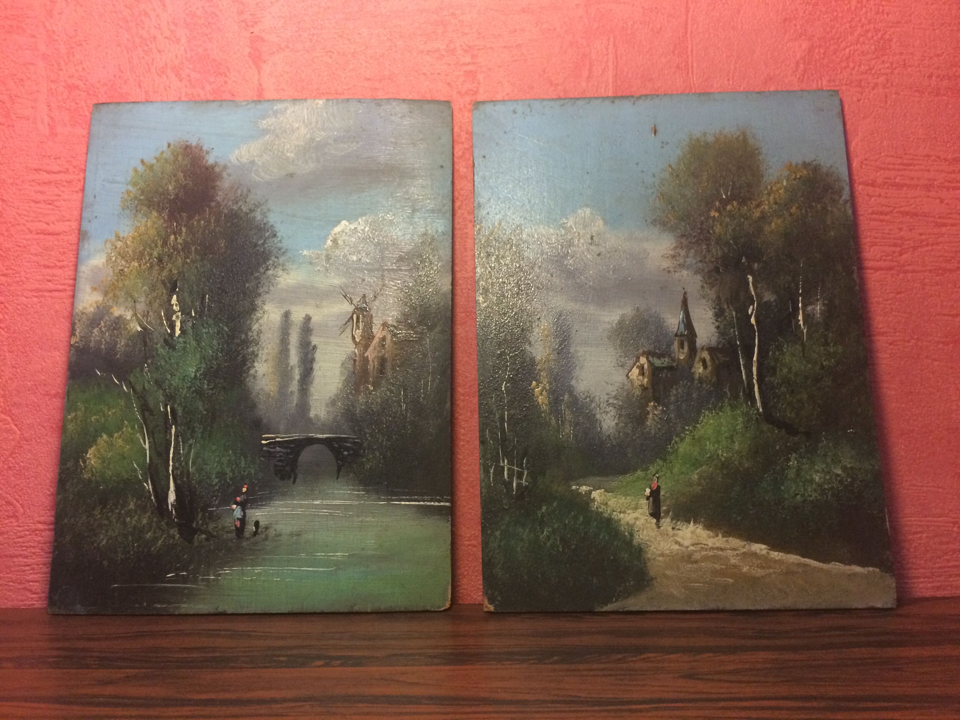 Pair Old Oil Table on Panel View River 19th Vintage Campaign