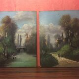 Pair Old Oil Table on Panel View River 19th Vintage Campaign