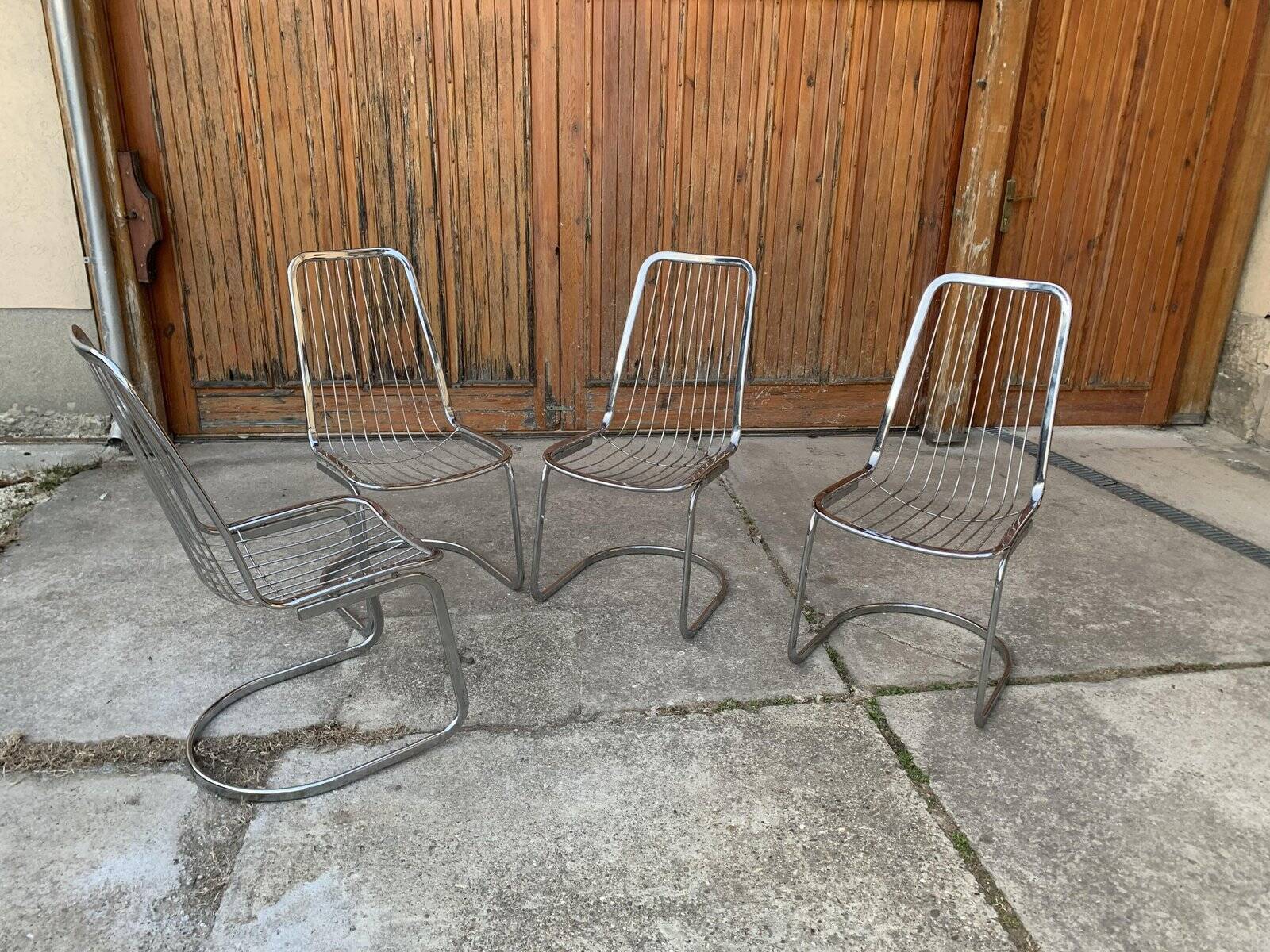 Lot de 4 chaises cantilever chromées argentées par Gastone Rinaldi, Italie années 1970