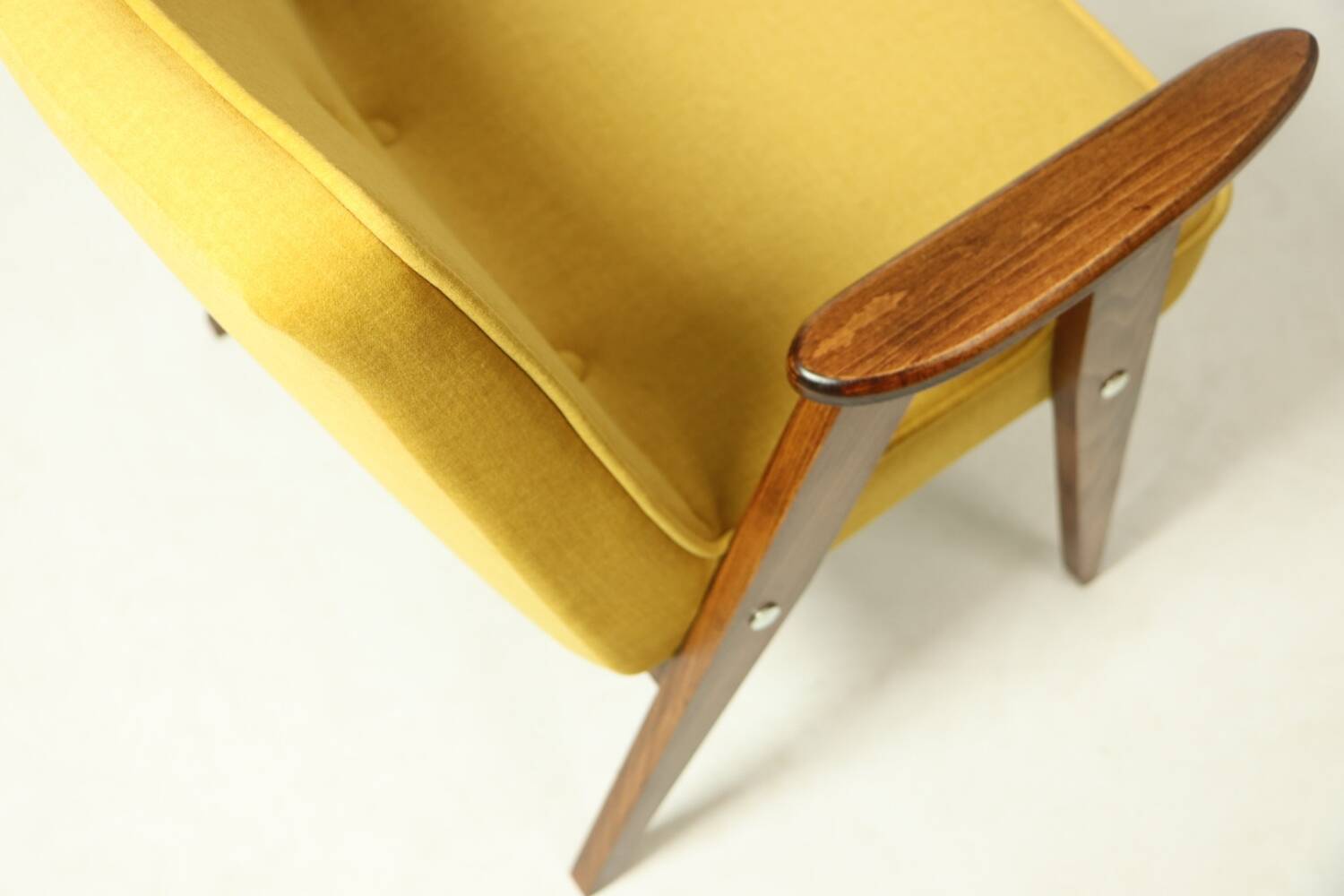 Vintage armchair plush yellow velvet soft dark wood 1962 design by Chierowski