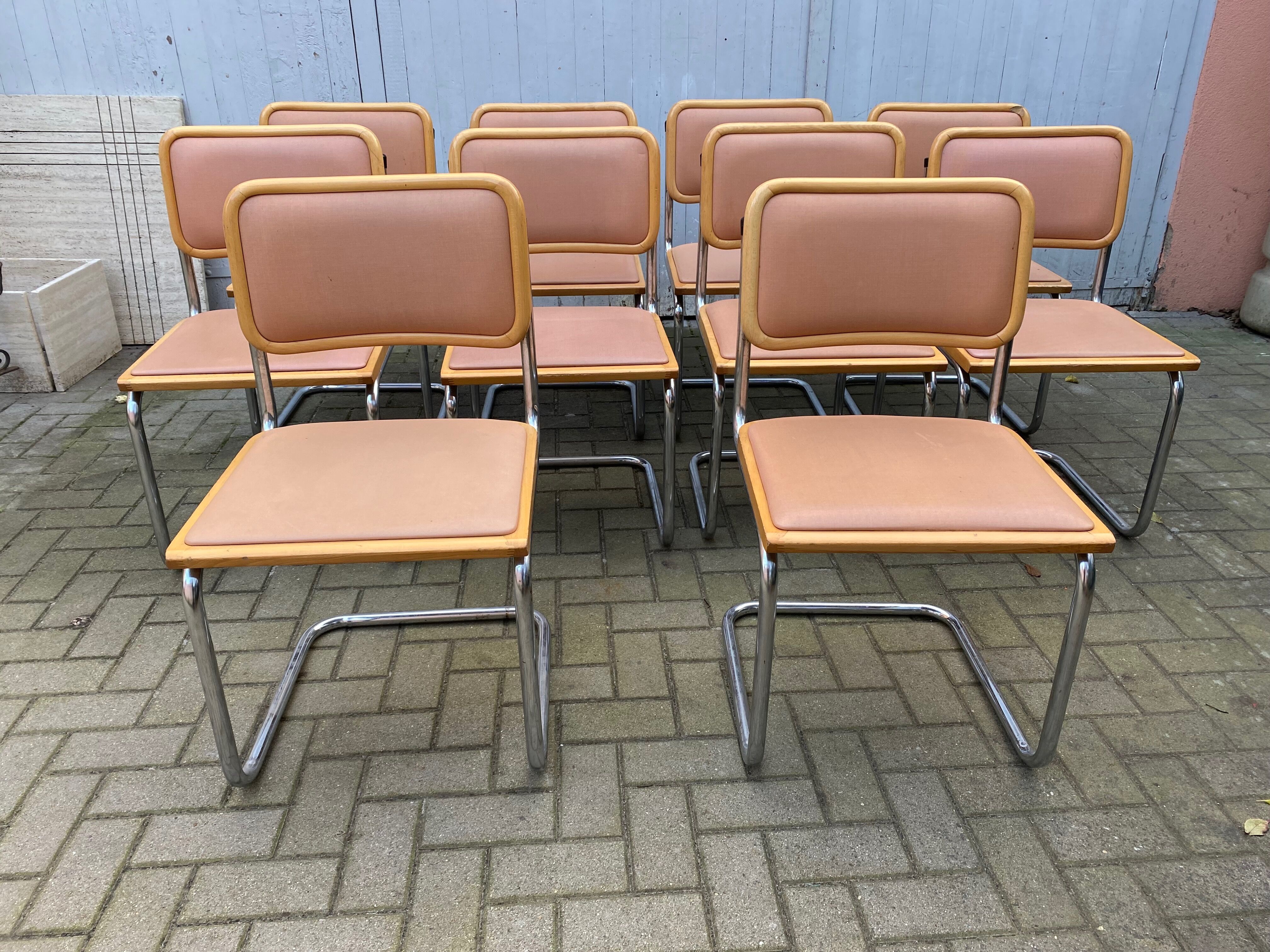 Set of 10 vintage chairs Marcel Breuer cesca b32 wood and skaï 1960