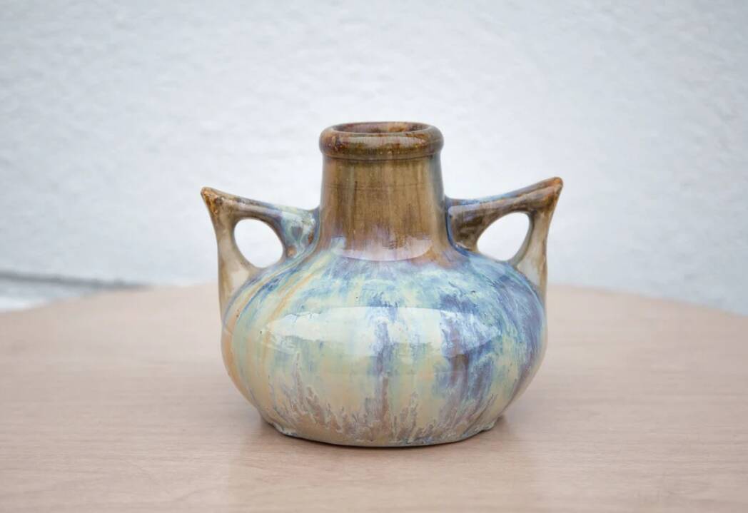 Art nouveau vase, vintage vase, enameled stoneware vase, attributed to Gilbert Metenier, vase with handles