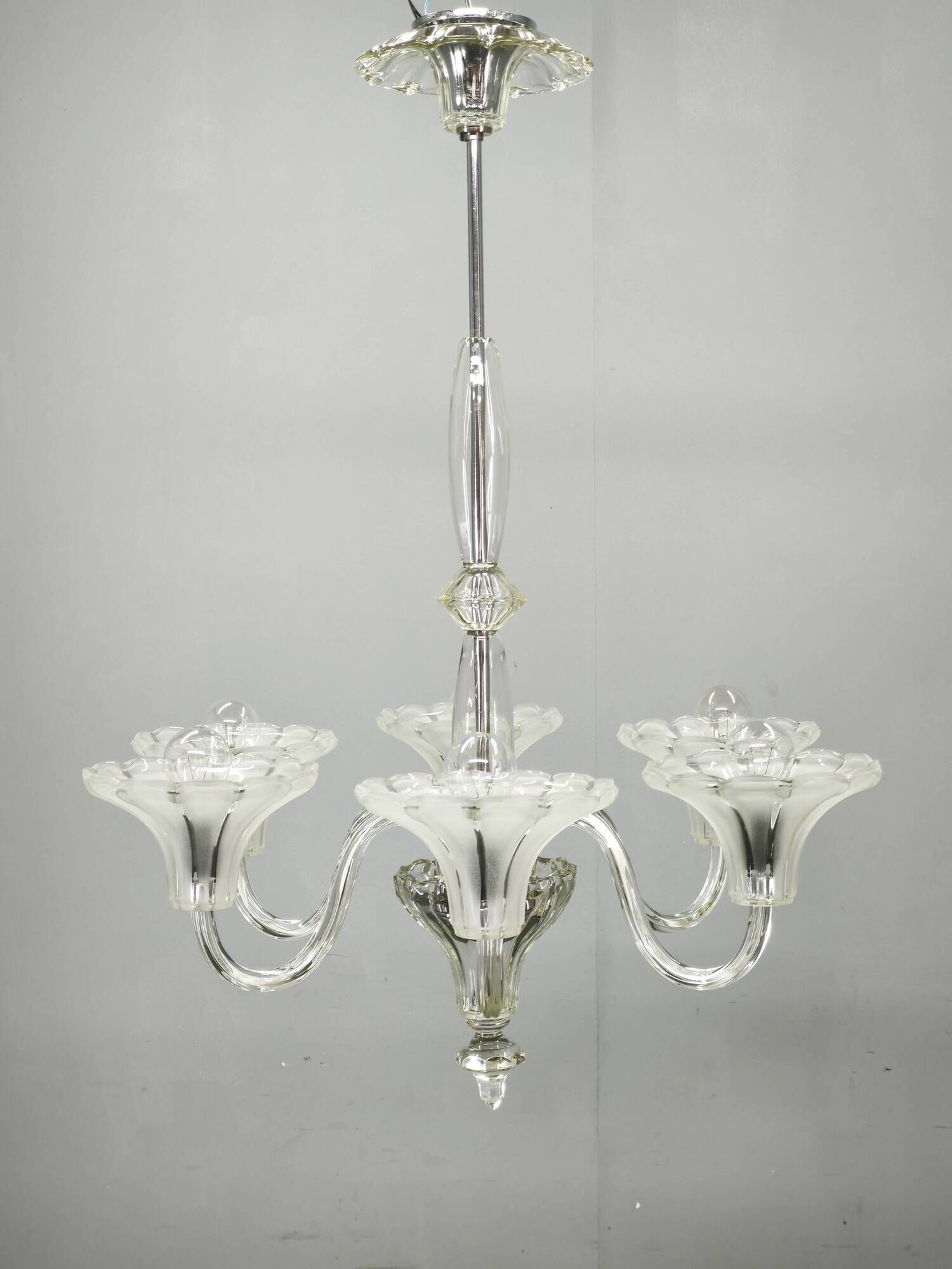 Art Deco Six-Arm Glass Chandelier, Czechoslovakia, 1930s