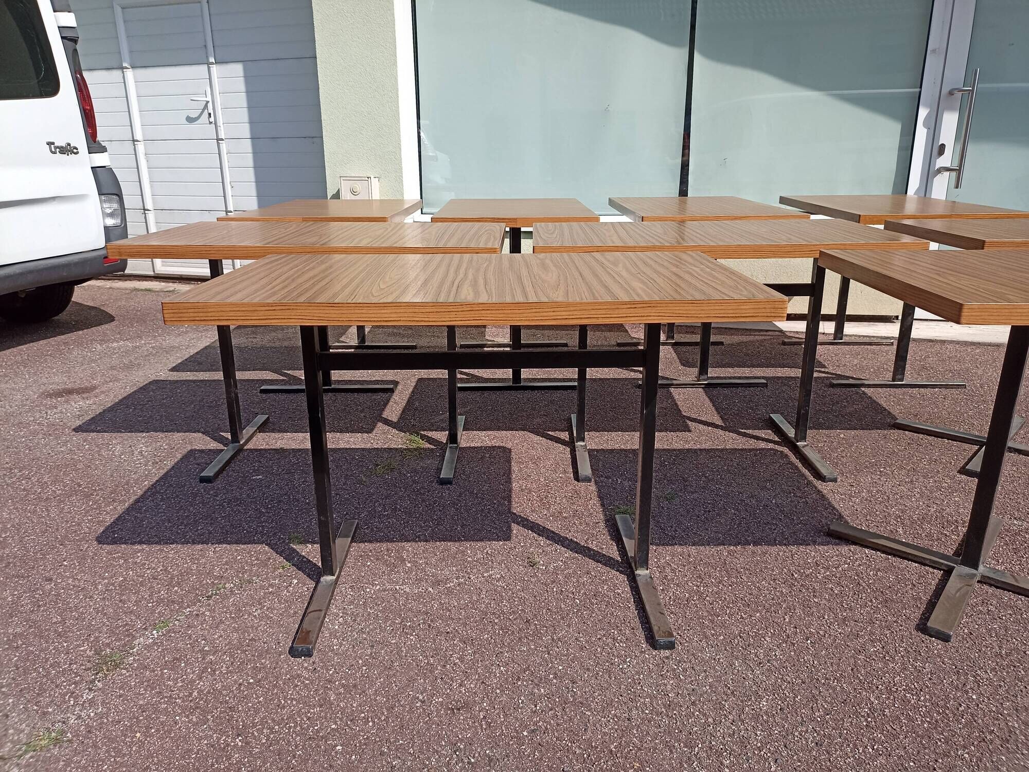 Set of 9 metal bistro table wood and formica