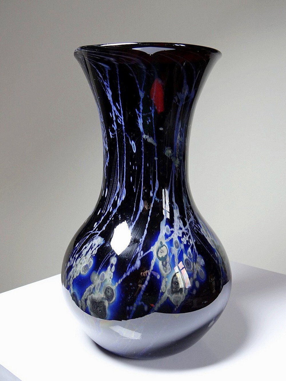 Large vintage purple art glass vase with silver glitter inclusions.