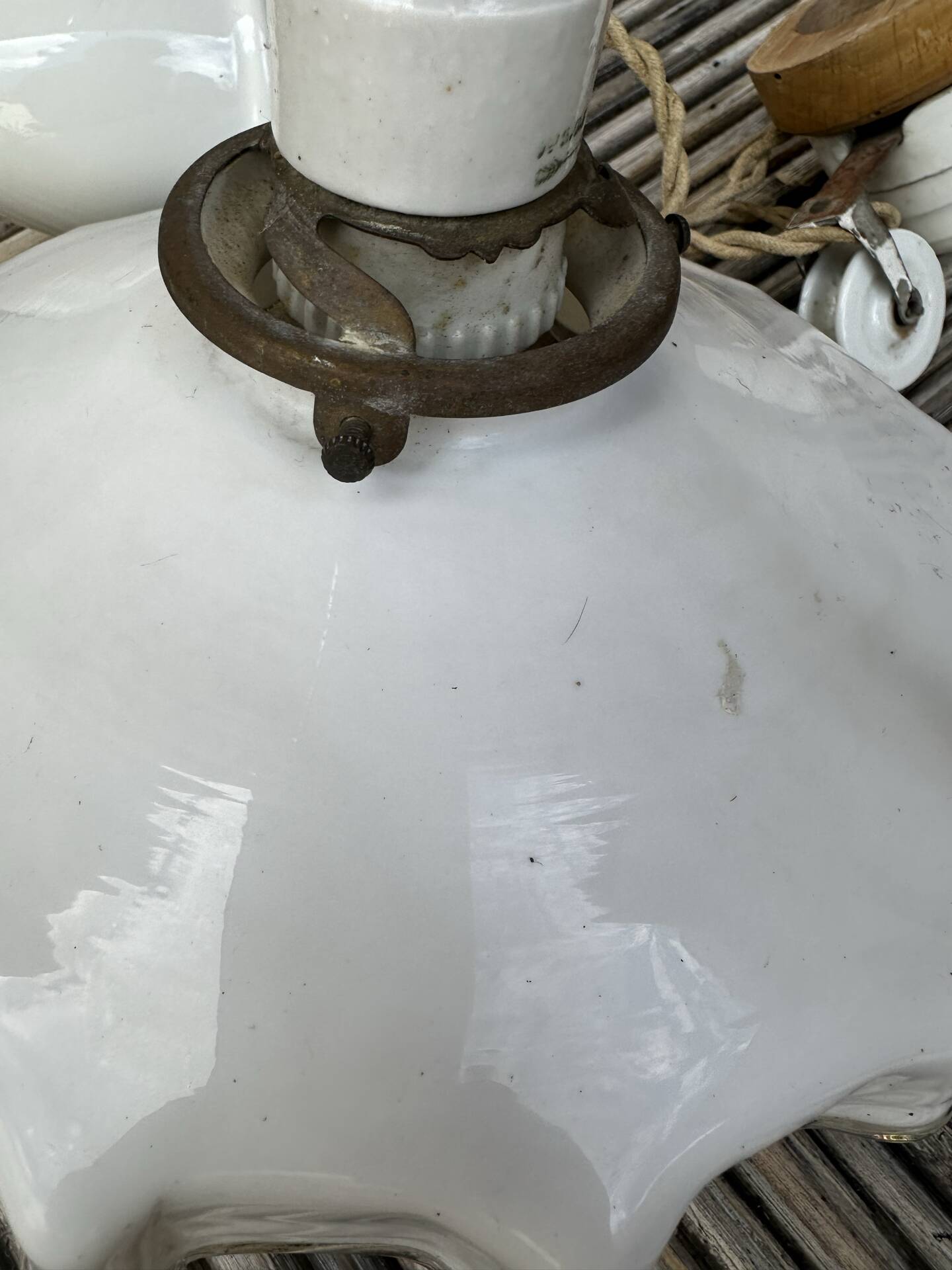 Vintage pleated opaline suspension with porcelain fittings.