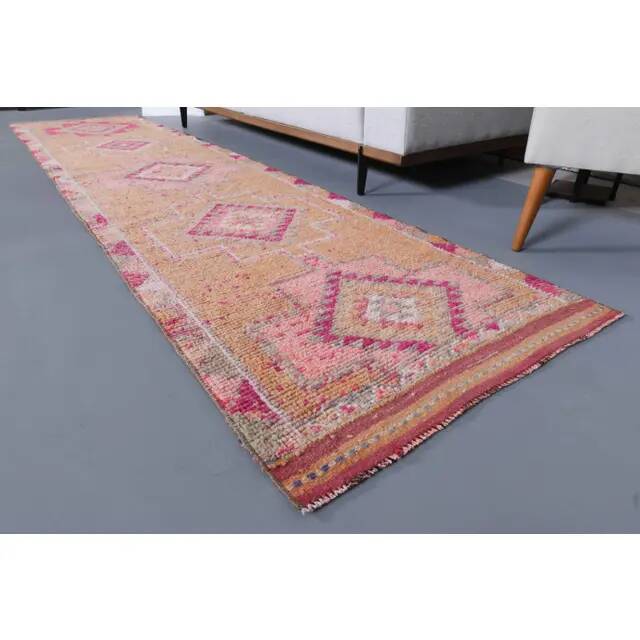 Vintage Turkish Hand-Knotted Wool Cotton Orange Runner Rug 83x355