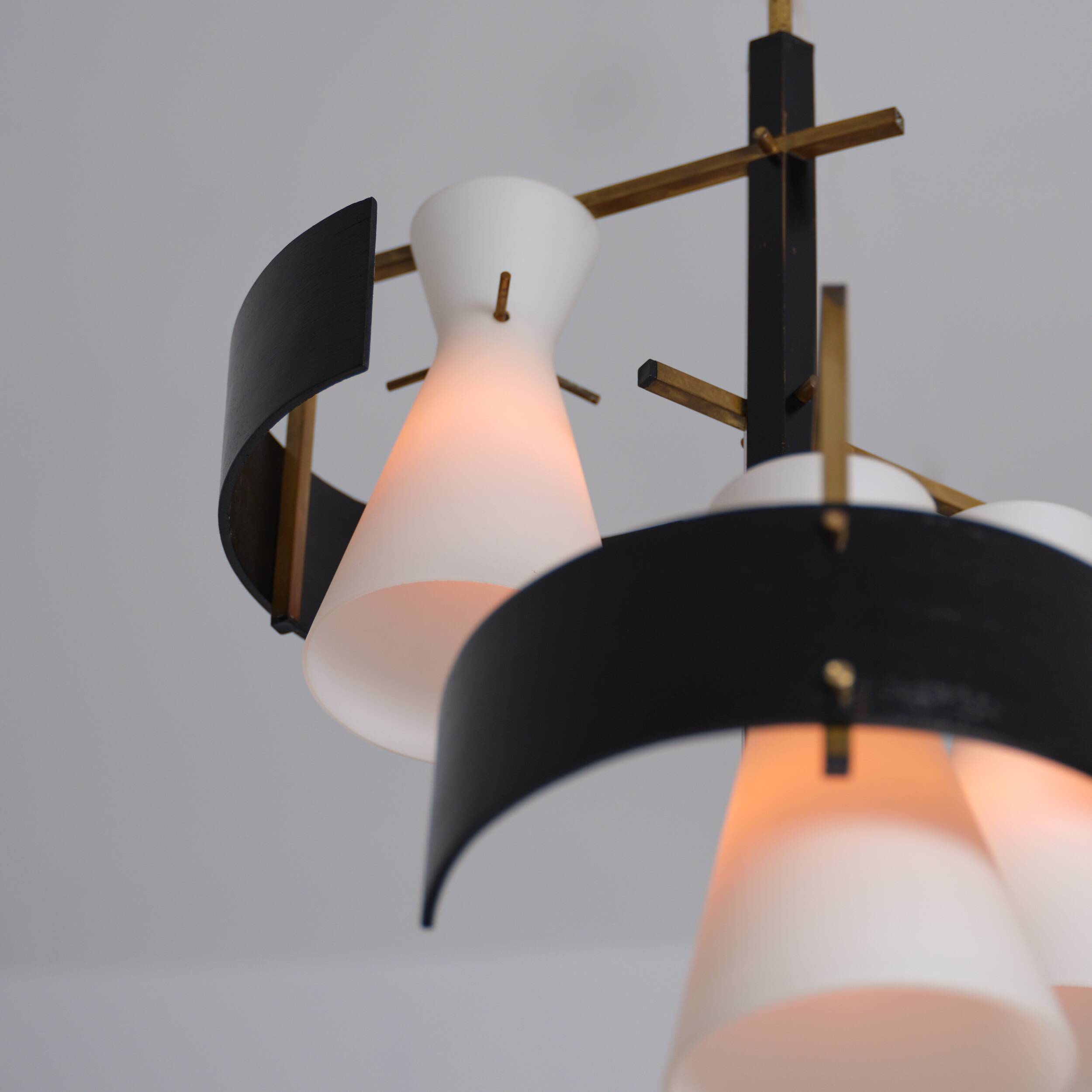 1950s Italian Brass & Black-Lacquered Chandelier with Opaline Glass Shades