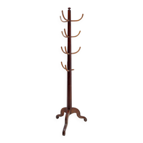 Porte-manteau ou chapeau vintage en bois sur trépied