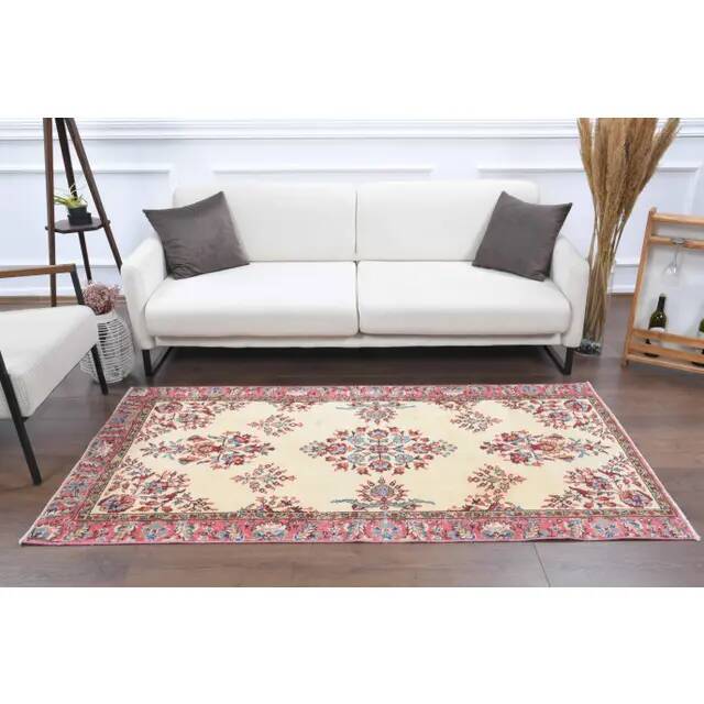1970s Turkish Oushak Handmade Wool Cotton Beige Area Rug 103x206
