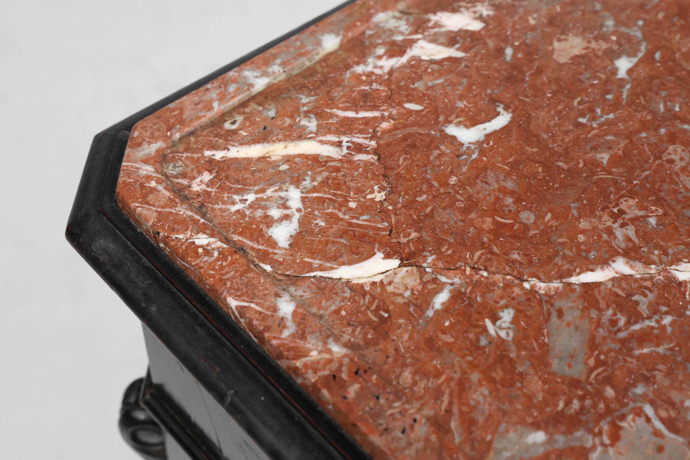 Rare Antique French chest of drawers in wood, burl veneer and marble, ca. 1
