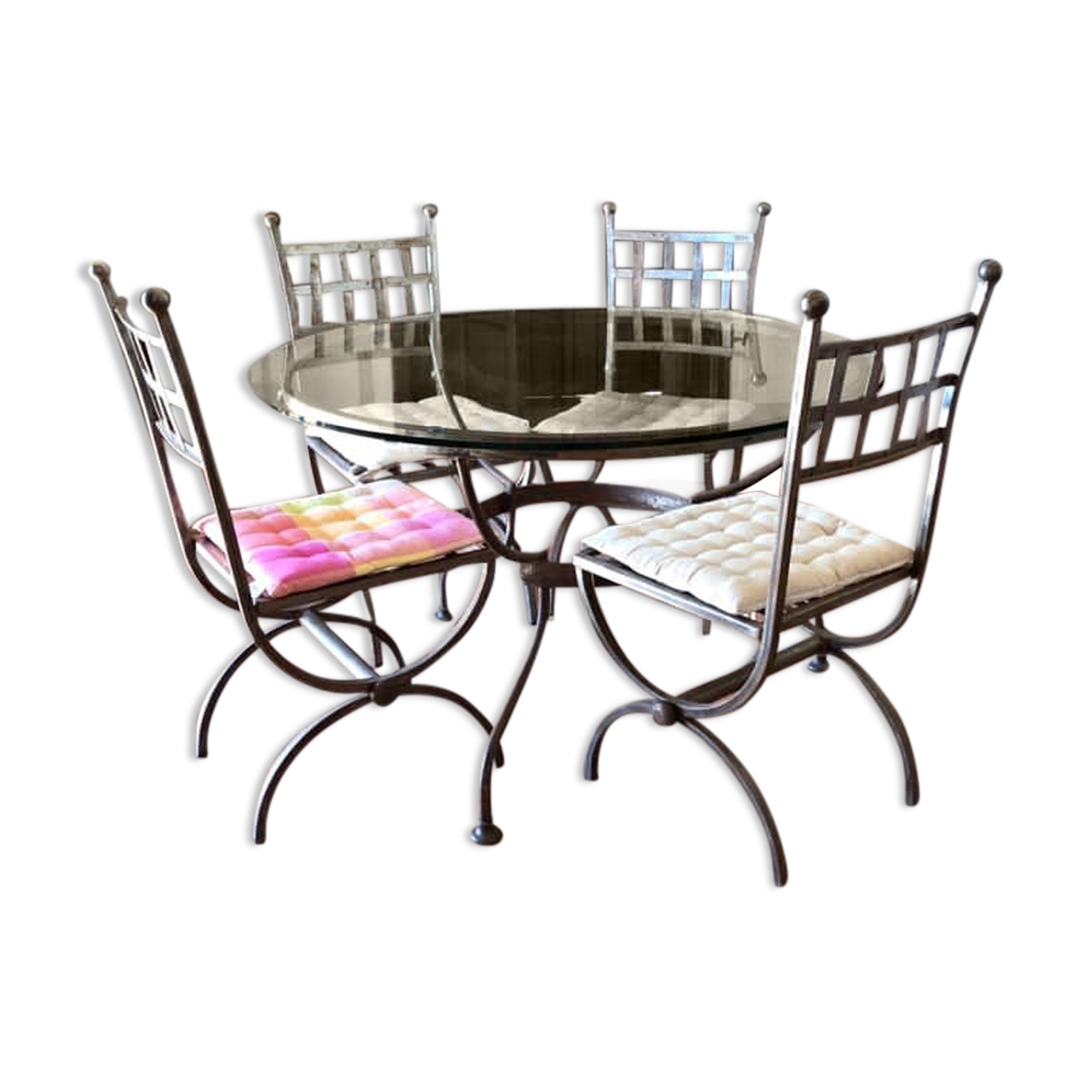 Wrought iron and glass table 4 chairs
