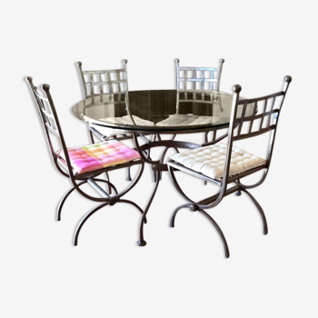 Wrought iron and glass table 4 chairs