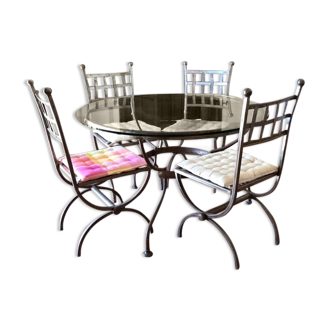 Wrought iron and glass table 4 chairs