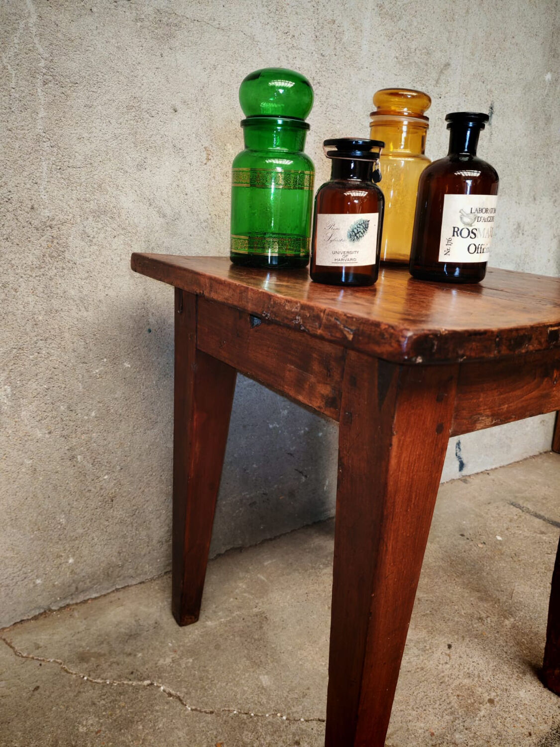 Small farmhouse table, low and square.