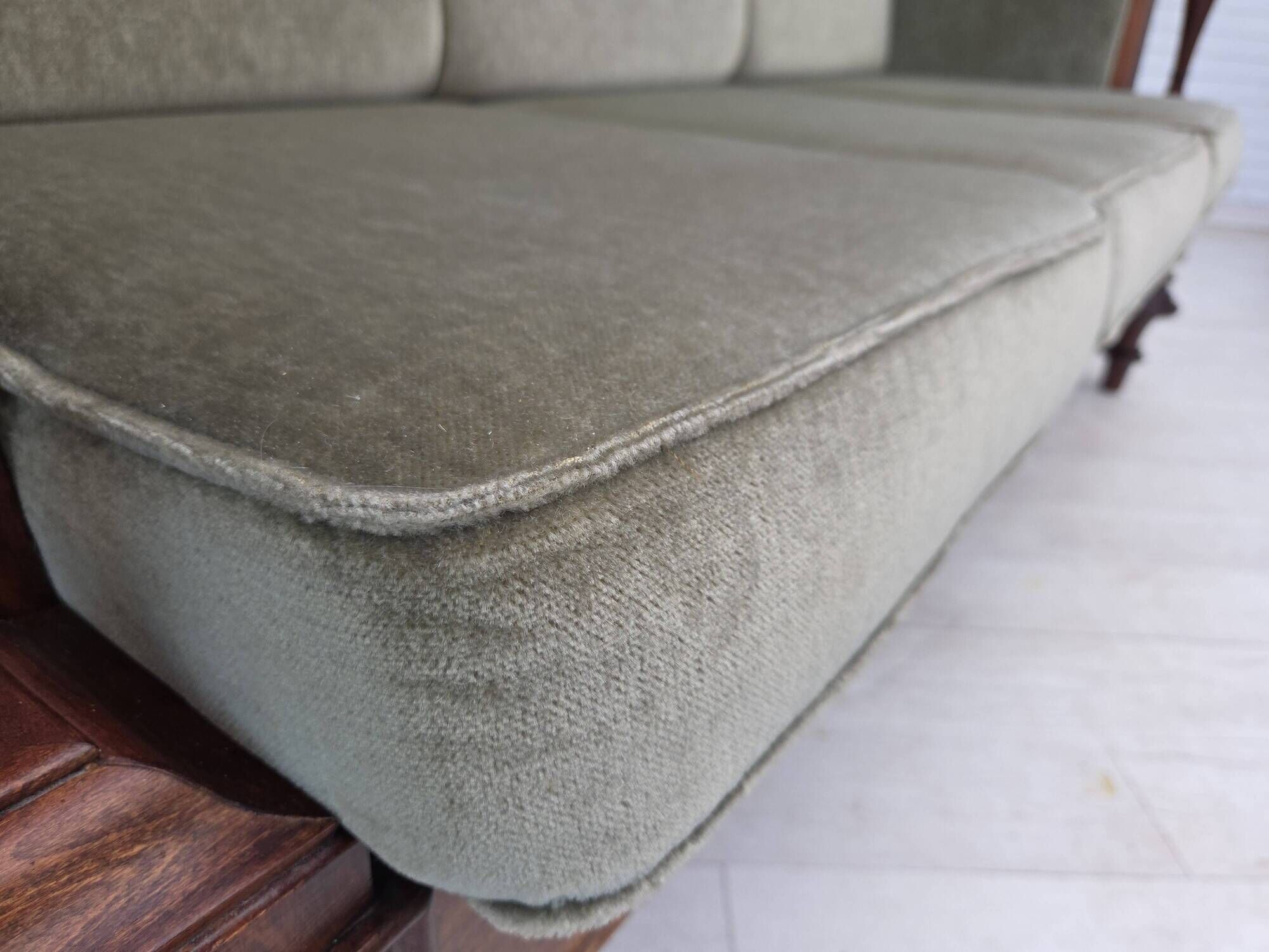 1930s, Danish 3 seater antique sofa, furniture velour, ash wood.