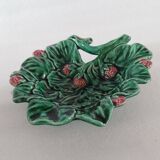 Vintage Majolica Strawberry Leaf Shaped Dish Ceramic Green Red