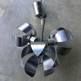 Space-age pendant lamp with 3 stainless steel lights and brushed aluminum adjustable in height - design 1970