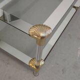 Coffee table, glass living room table with two tops decorated with golden shells, 1970s