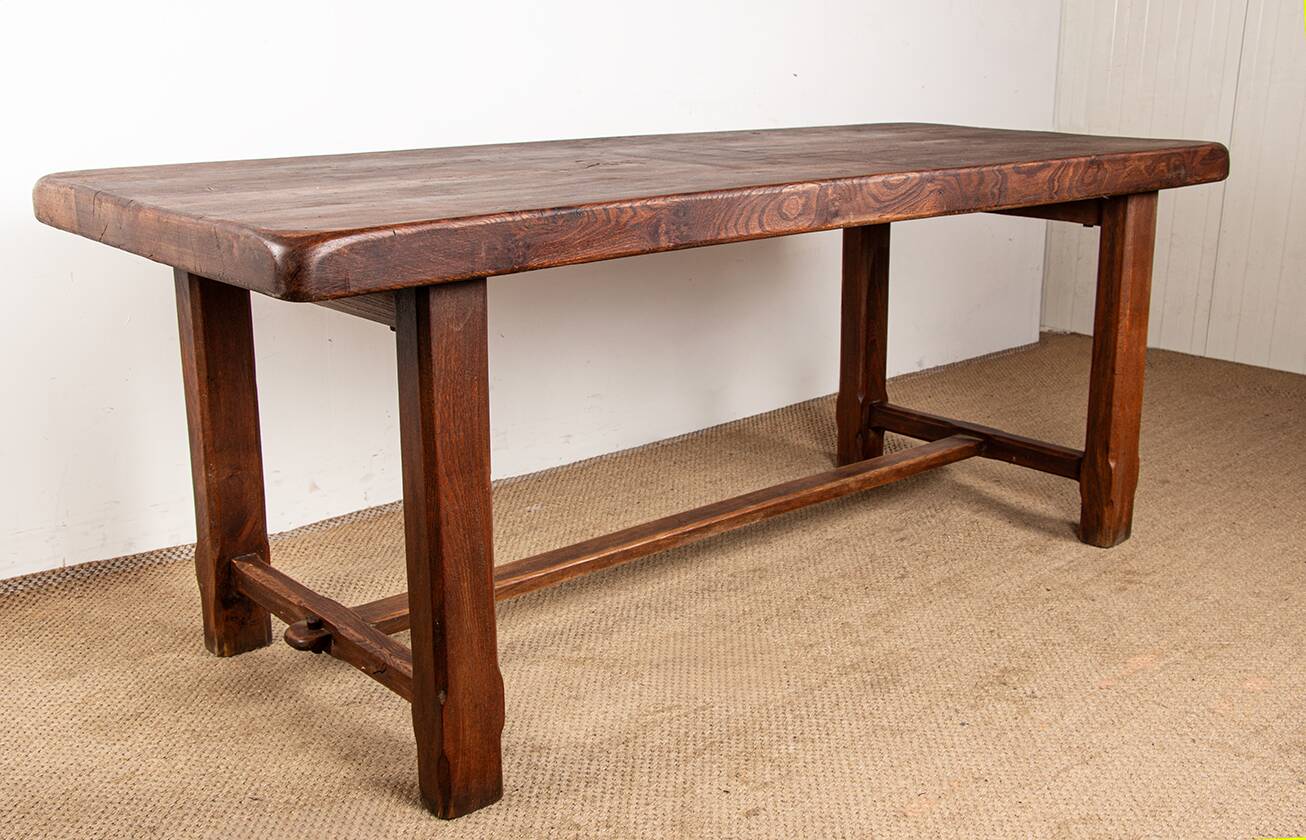 Large brutalist dining table in solid Elm, inspired by Olavi Hanninen, 1960.