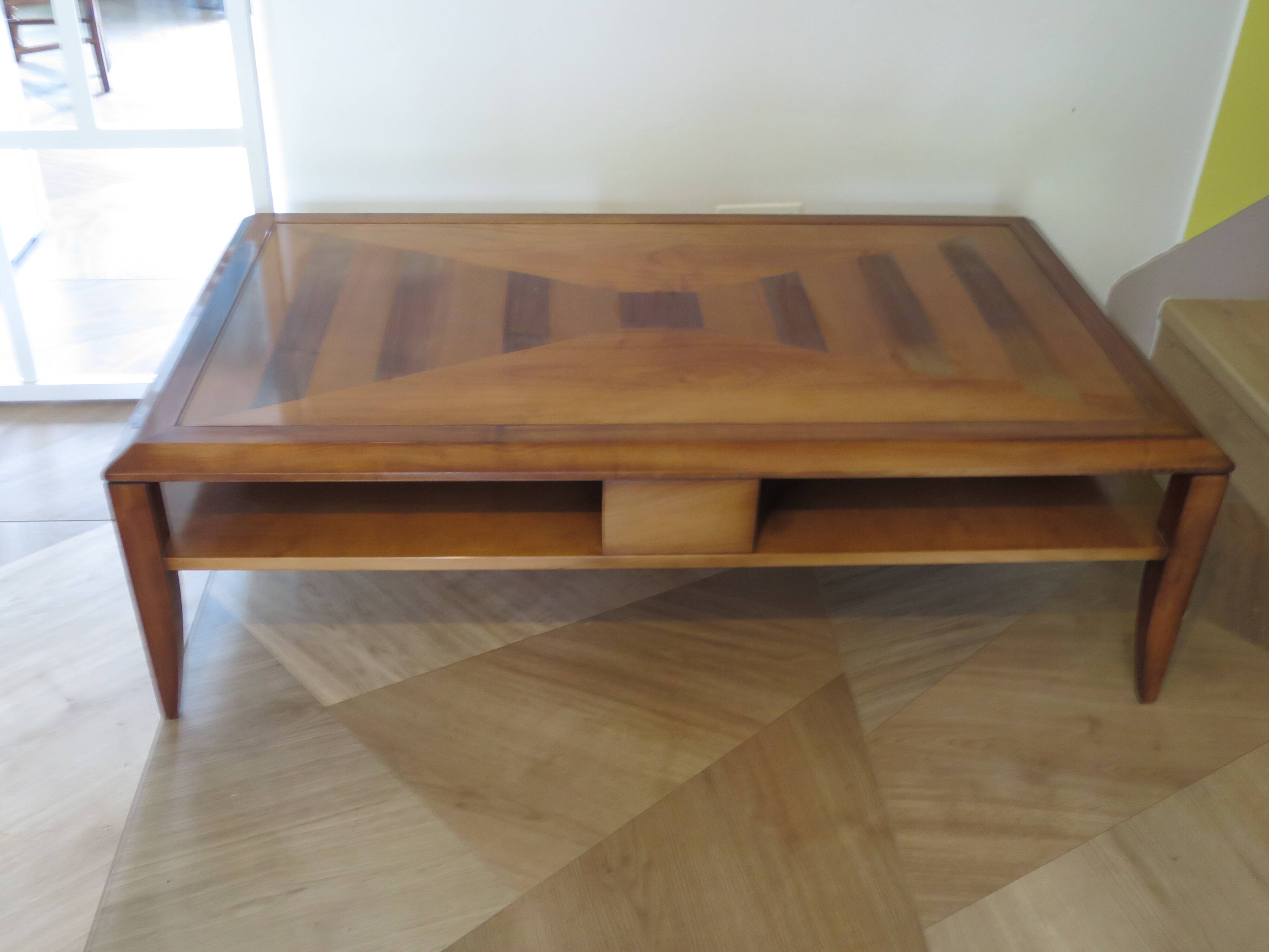 Large coffee table - cherry finish - solid wood - butterfly motifs