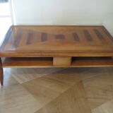 Large coffee table - cherry finish - solid wood - butterfly motifs