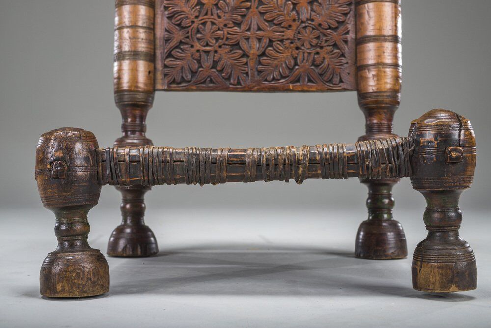 Early 20th century handmade low cedar chair, Nuristan, 1890s