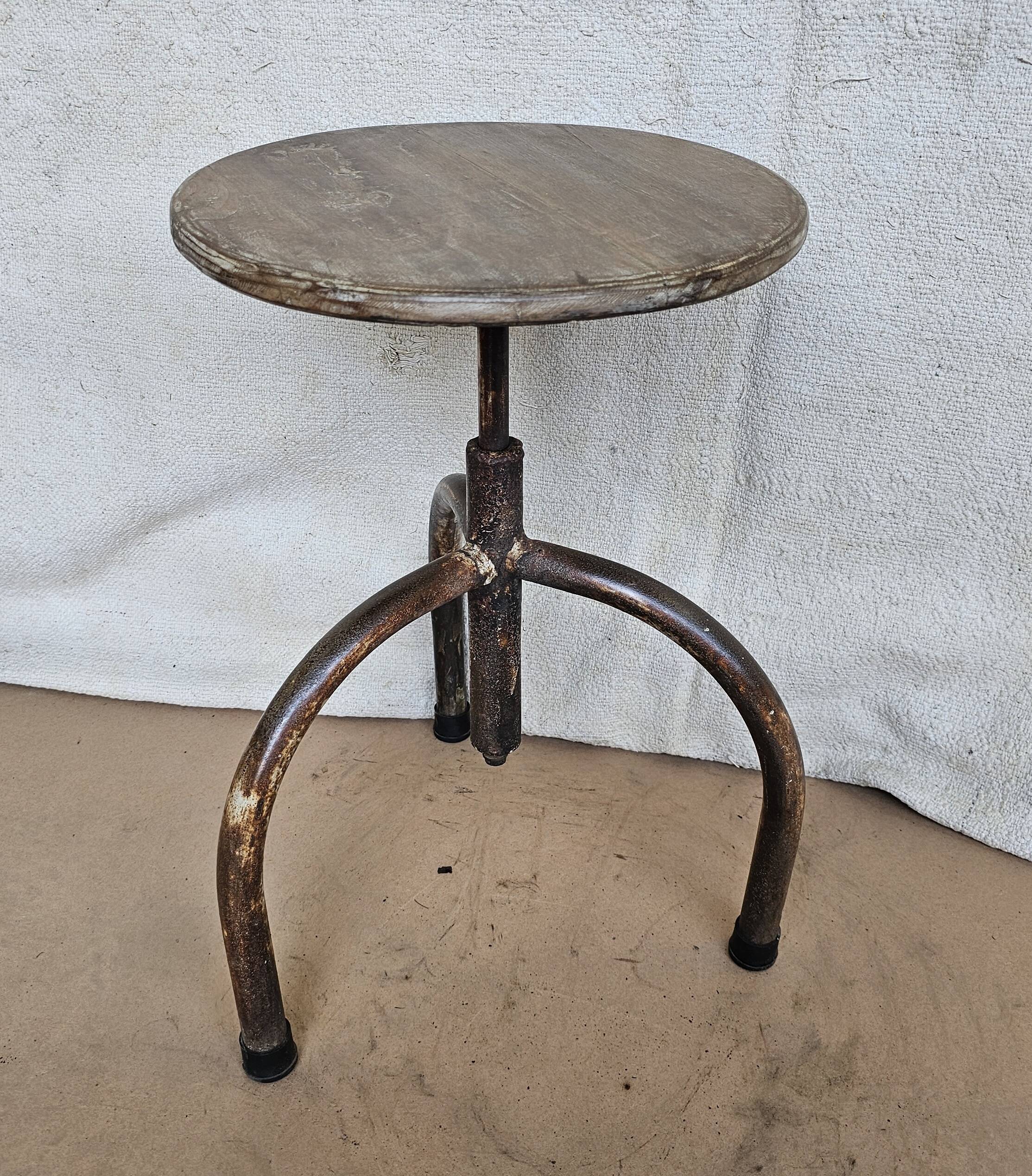 Old workshop stool in teak + wrought iron