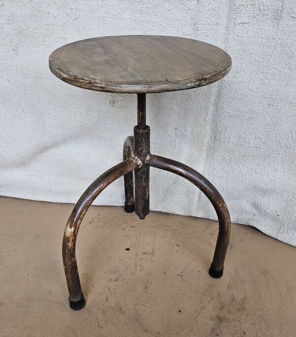 Ancien tabouret d'atelier en teck + fer forgé
