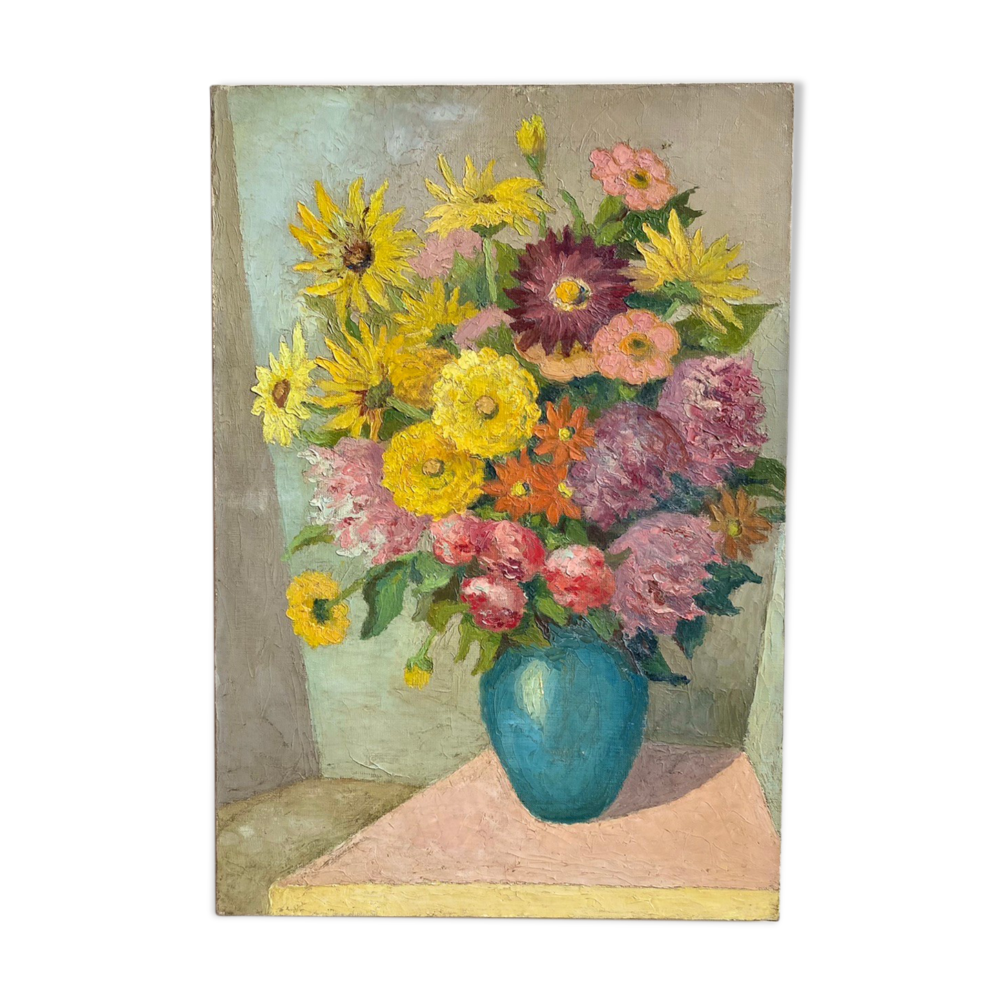 Antique painting, still life with blue vase and flowers, mid-20th century