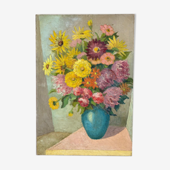 Old painting, still life with blue vase and flowers, mid-XX century