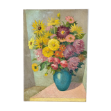 Antique painting, still life with blue vase and flowers, mid-20th century