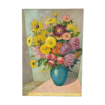 Antique painting, still life with blue vase and flowers, mid-20th century