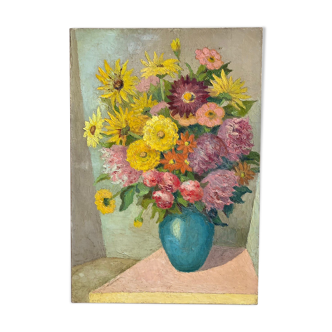 Tableau ancien, nature morte au vase bleu et fleurs, milieu XX siècle