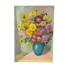 Tableau ancien, nature morte au vase bleu et fleurs, milieu XX siècle