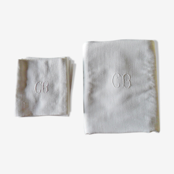 Nappe et 6 serviettes anciennes en coton damassé monogramme CR