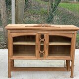 Renovated art deco display case in solid oak and marble 140cm