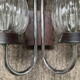 Vintage double light wall lamp in teak and molded glass