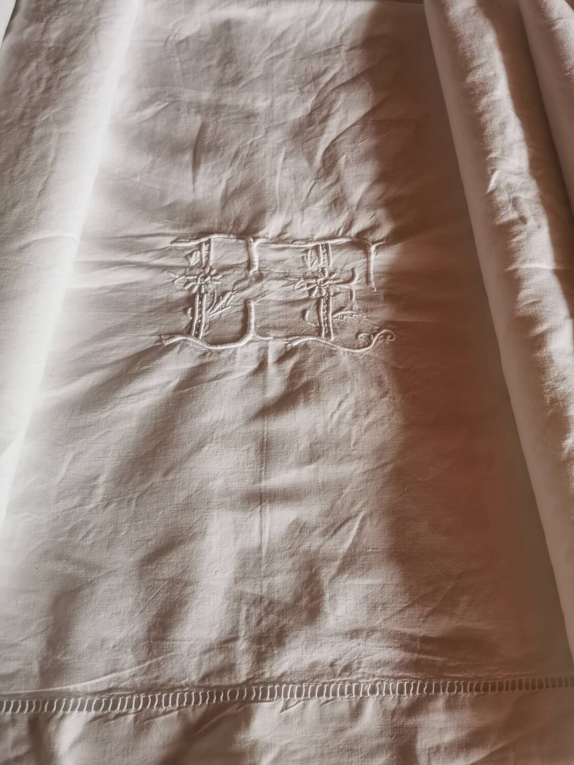 Old large linen sheet monogrammed CP