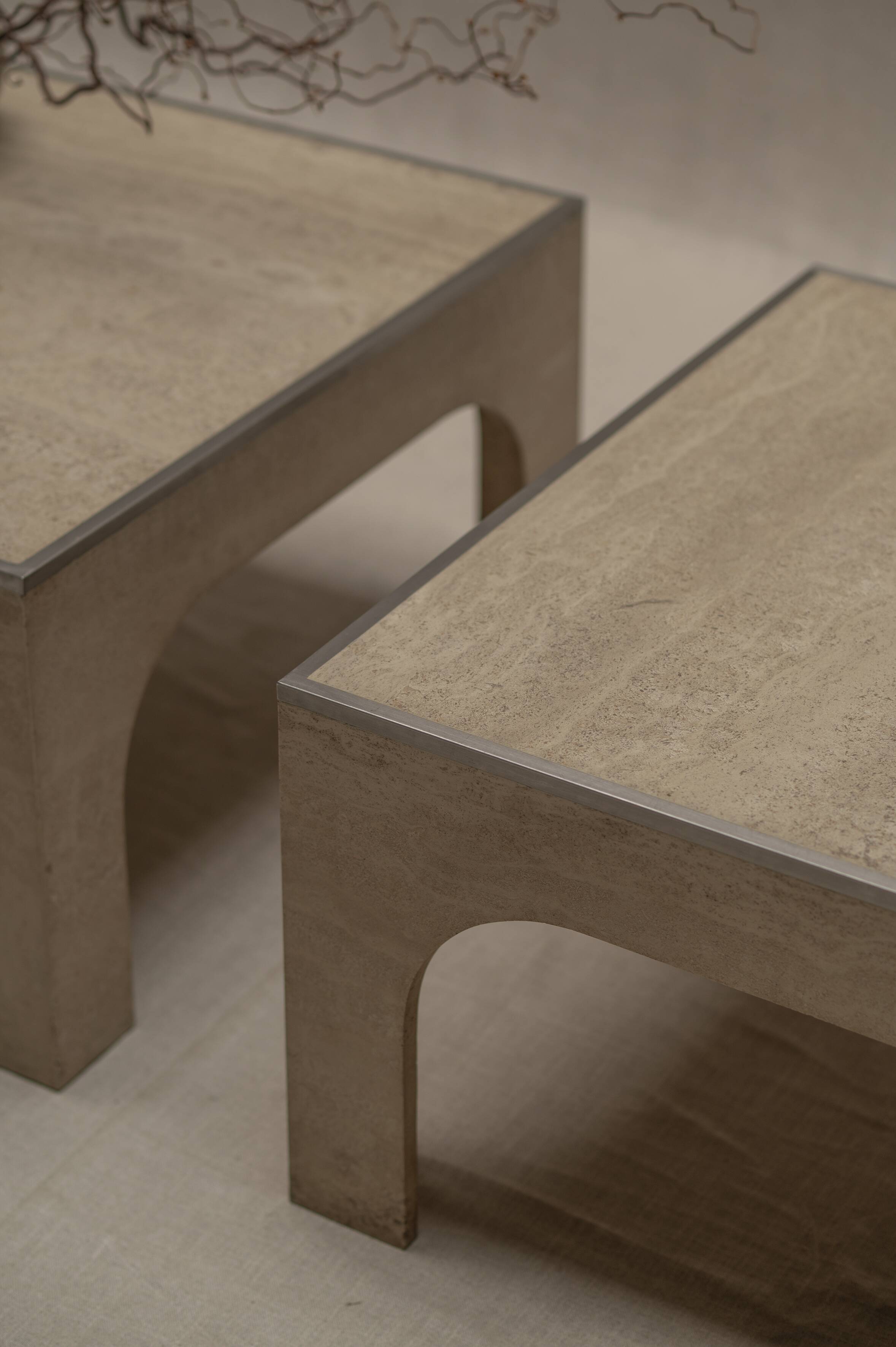 Architectural set of travertine coffee tables