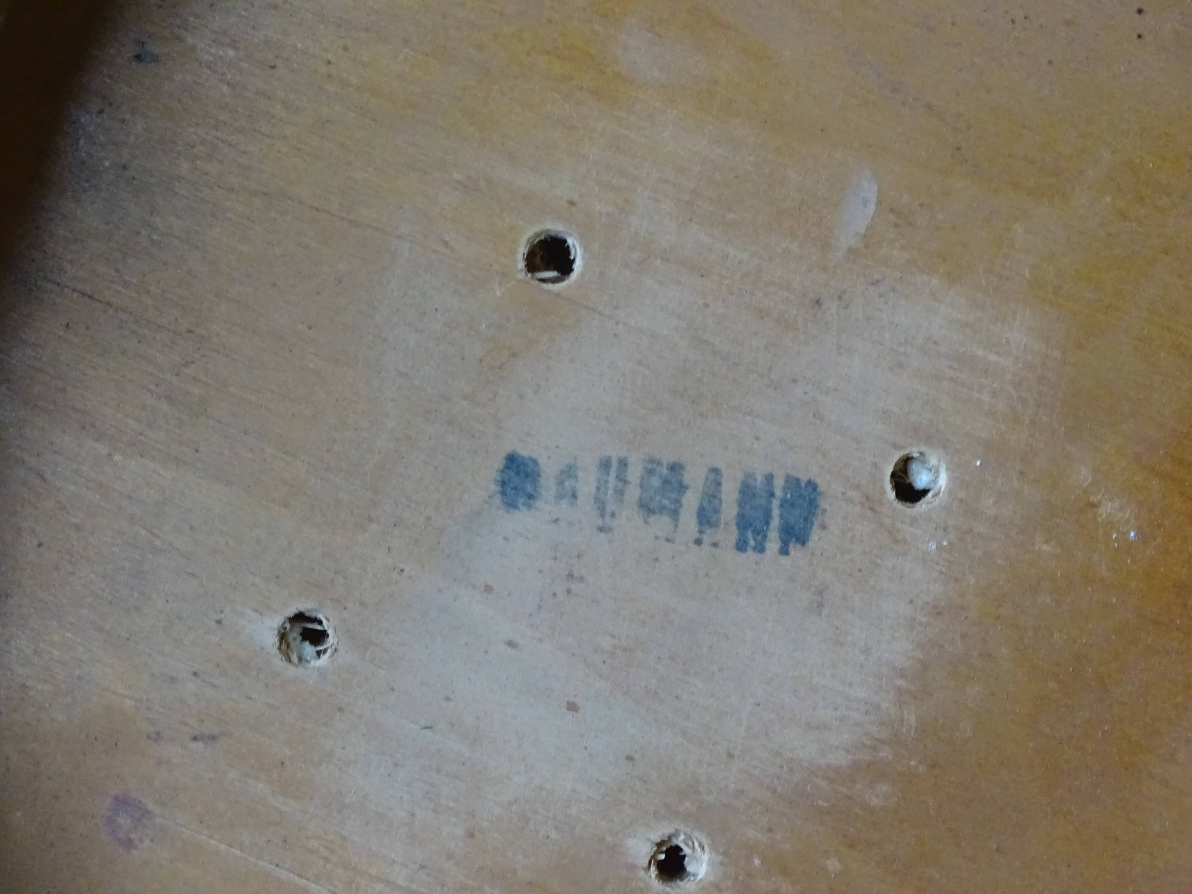 Baumann low stool, circa 1950/60, leatherette seat, curved wood