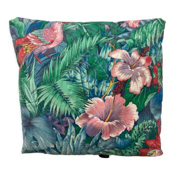 Square jungle and bird cushion in green and multicolored fabric