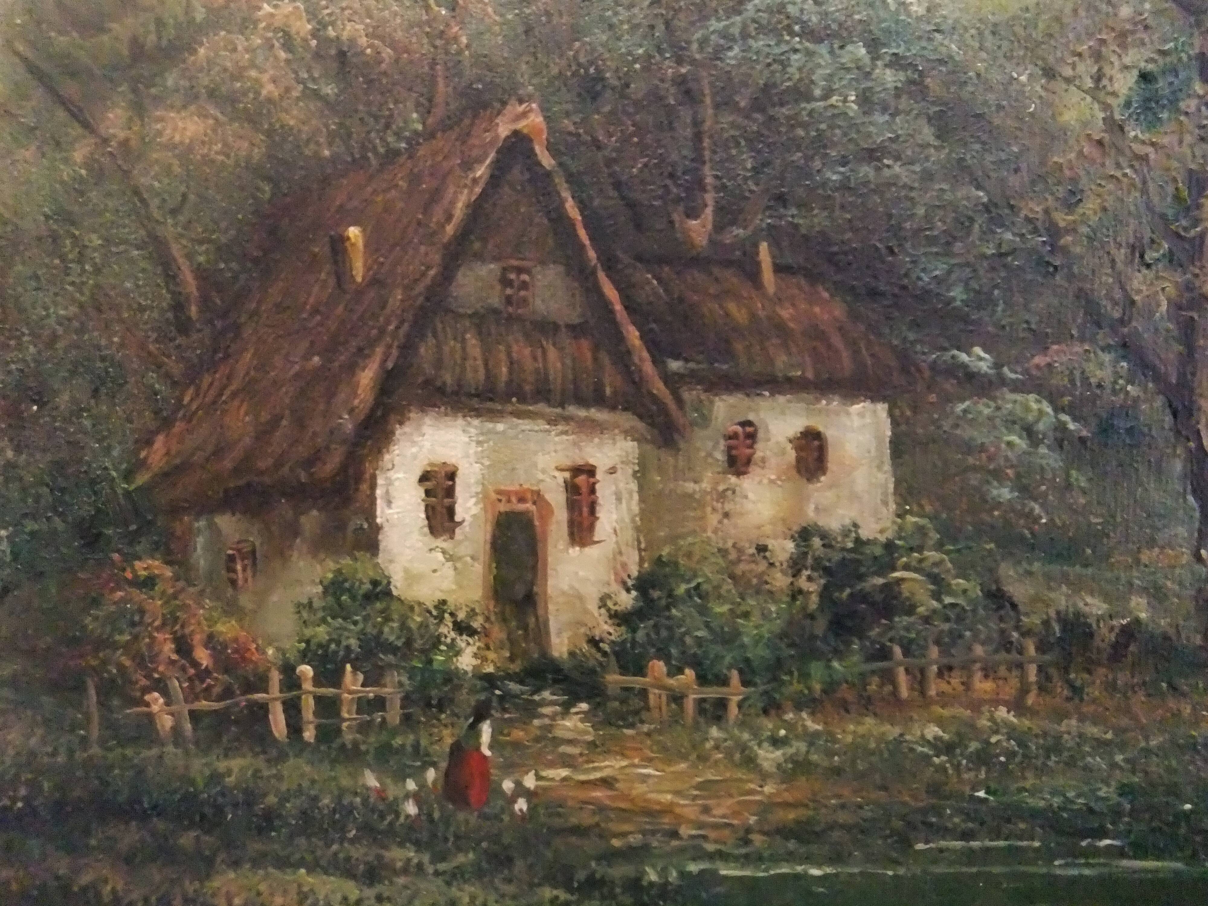 Painting on oil canvas J Evans golden frame landscape