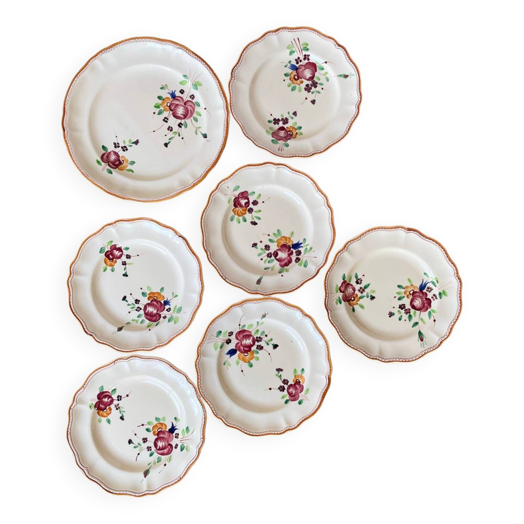 6 Plates and Dish with painted flowers Manufacture de Longchamp Model Monaco 1960s