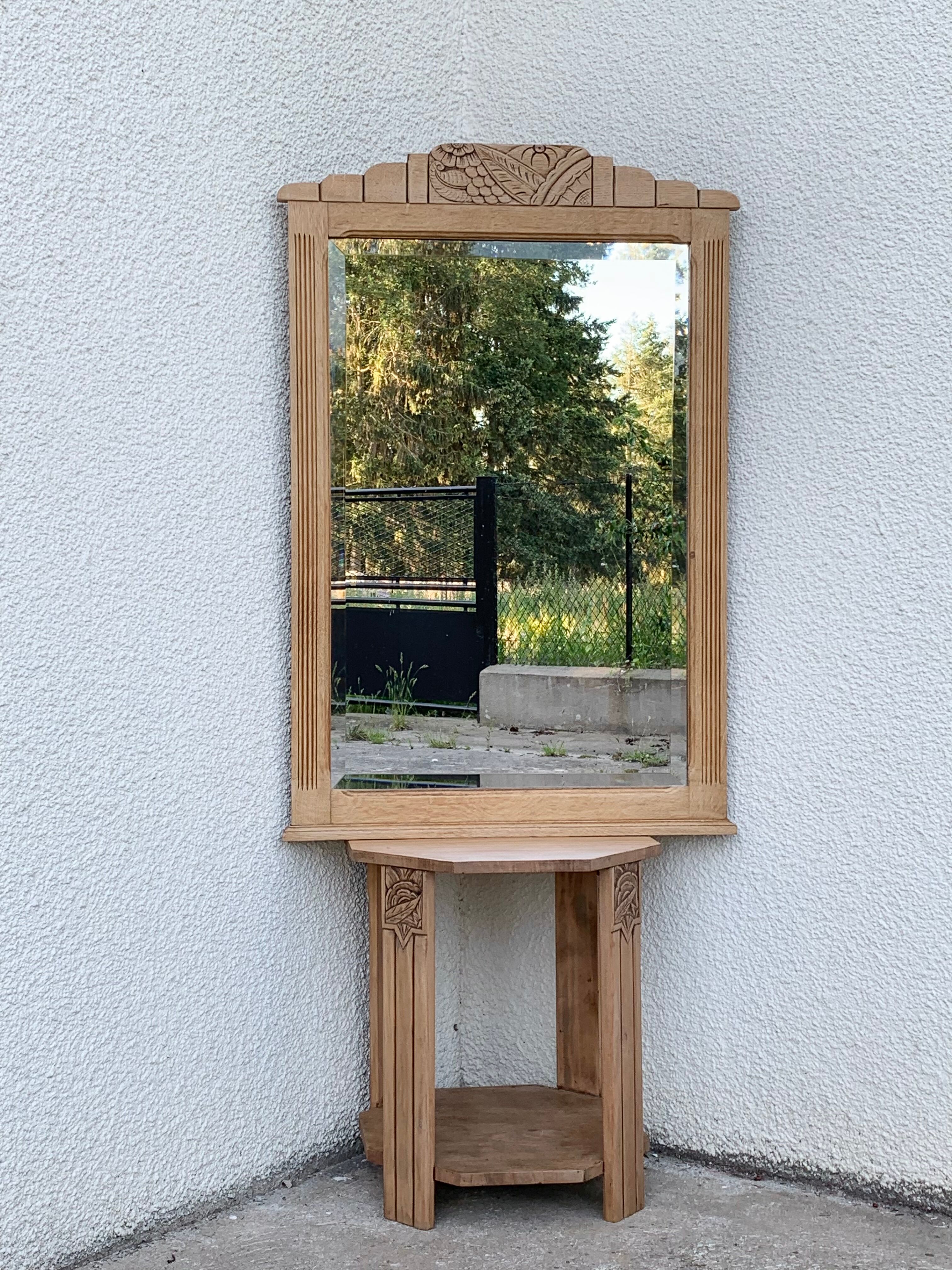 Art Deco mirror bevelled raw oak 1930