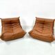 Togo lounge chairs in cognac cow leather attributed to Michel Ducaroy for Ligne Roset, set of 2