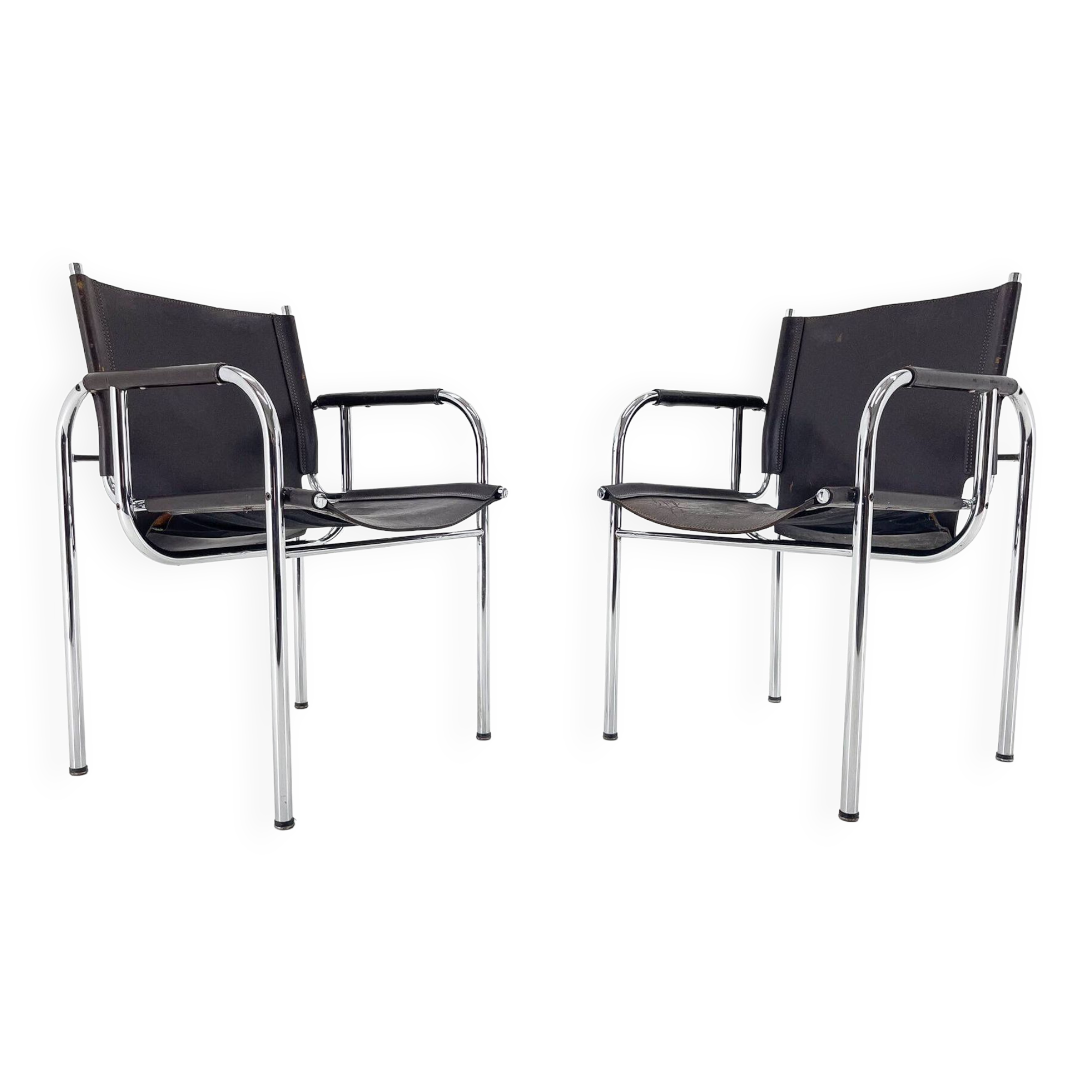 Pair of 1970s Vintage Hans Eichenberger Leather & Chrome Lounge Chairs, Labeled