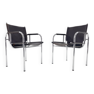 Pair of 1970s Vintage Hans Eichenberger Leather & Chrome Lounge Chairs, Labeled
