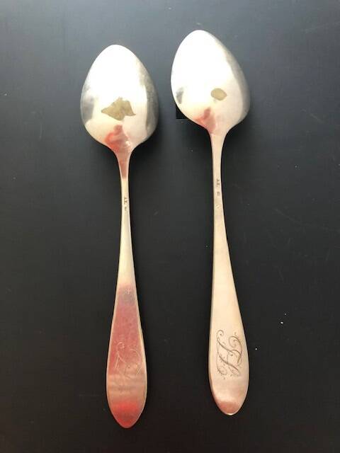 2 large silver-plated metal spoons (19th century)