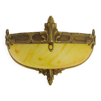 Old half-moon wall light in Arta bronze and yellow and orange glass paste. 70s 80s